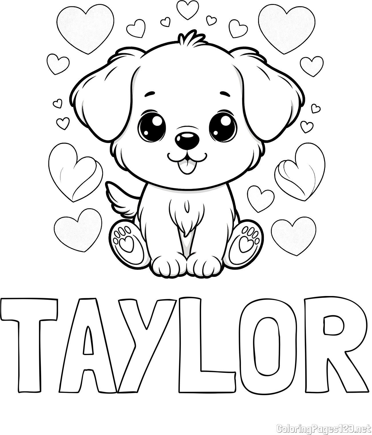 TAYLOR Coloring Page and Coloring Page of a Cute Dog and Hearts
