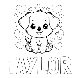 Online Created Coloring Page - TAYLOR Coloring Page and Coloring Page of a Cute Dog and Hearts