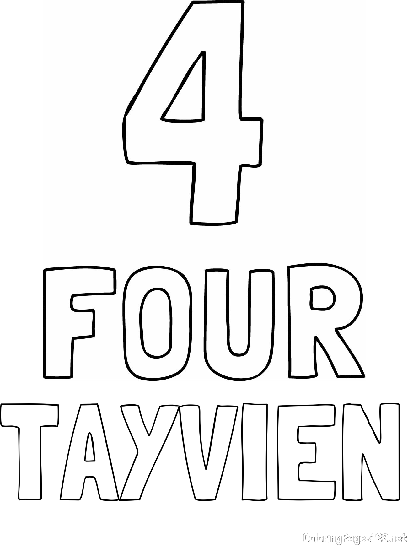 TAYVIEN Coloring Page and Coloring of the Number Four (4) with the Written Name