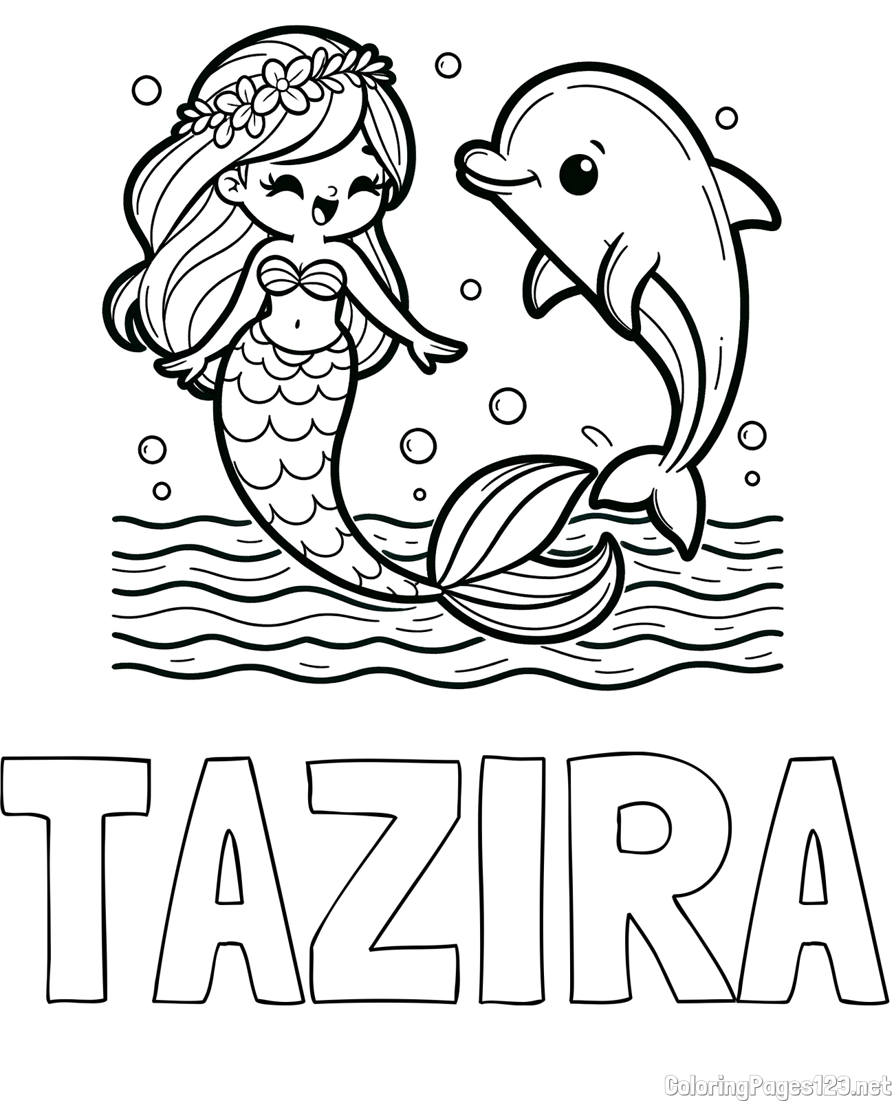 TAZIRA Coloring Page and Coloring Page of a Cute Mermaid Dancing with a Dolphin