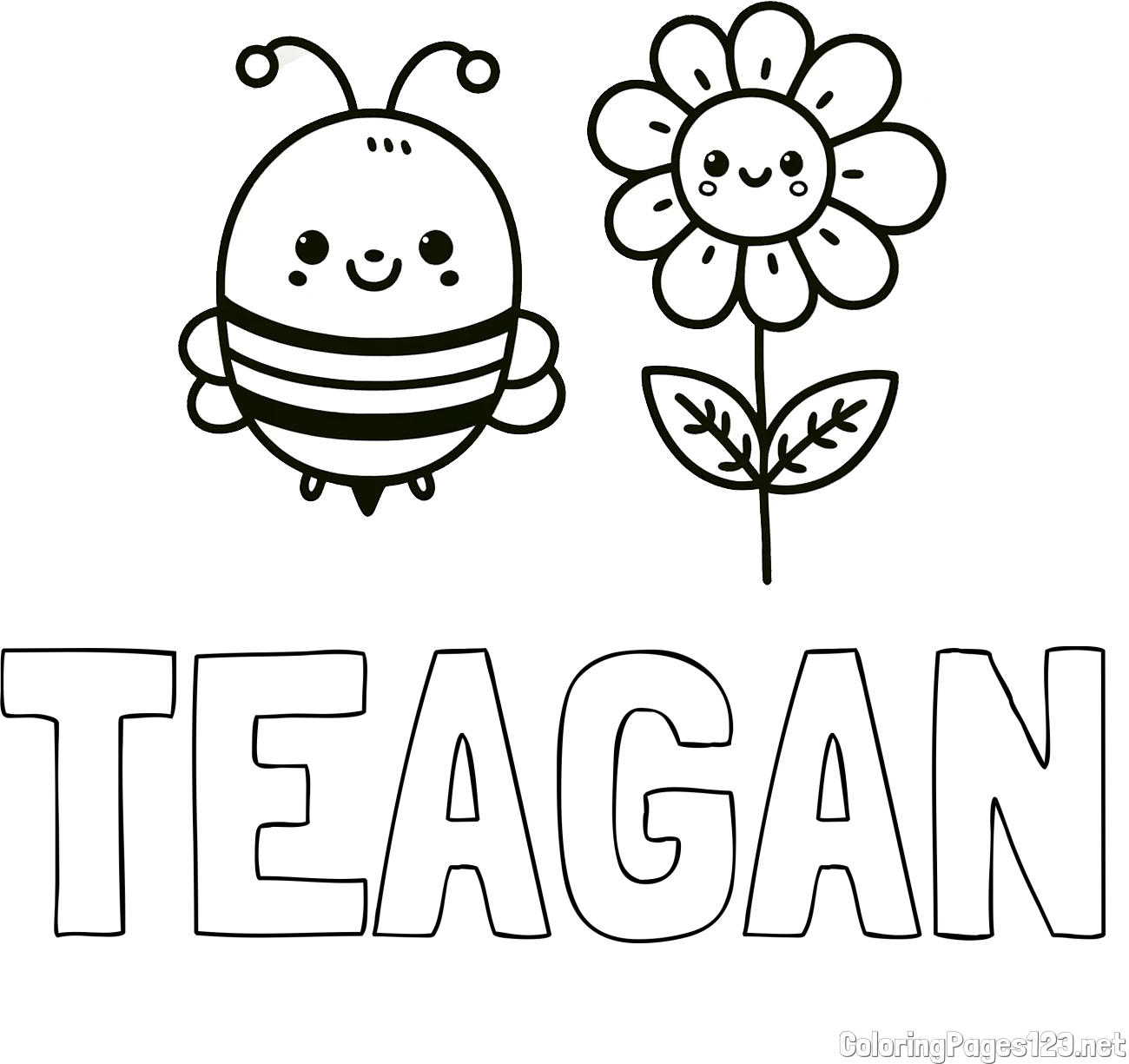 TEAGAN Coloring Page and Coloring Page of a Cute Bee and Smiling Flowers
