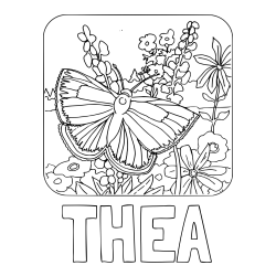 Online Created Coloring Page - THEA Coloring Page and Butterfly on Flower Coloring Page