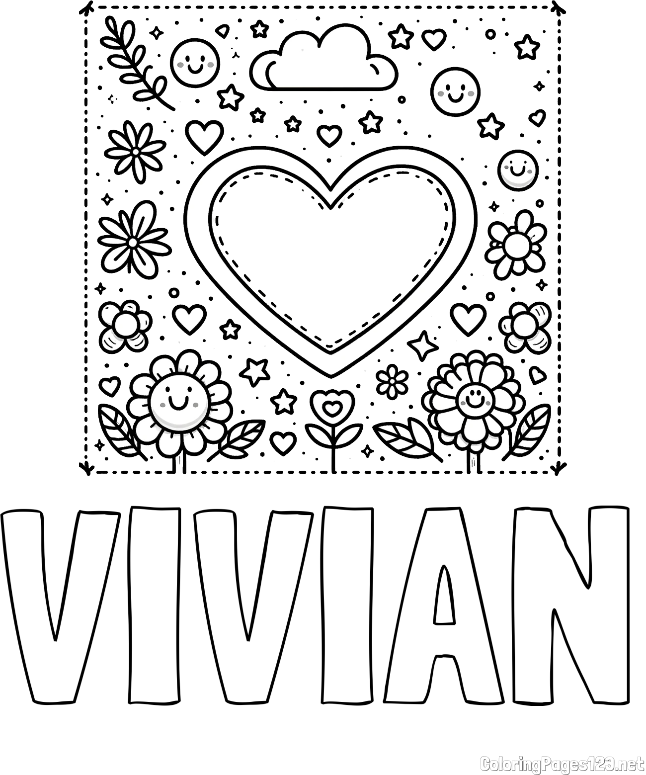 VIVIAN Coloring Page and Free Printable Coloring Page of Heart and Flowers
