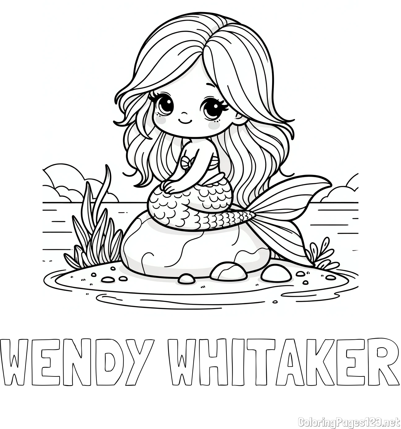WENDY WHITAKER Coloring Page and Coloring Page of a Cute Mermaid Sitting on a Stone