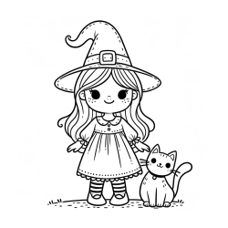 Wonderful Coloring Page of a Cute Witch and a Smiling Cat