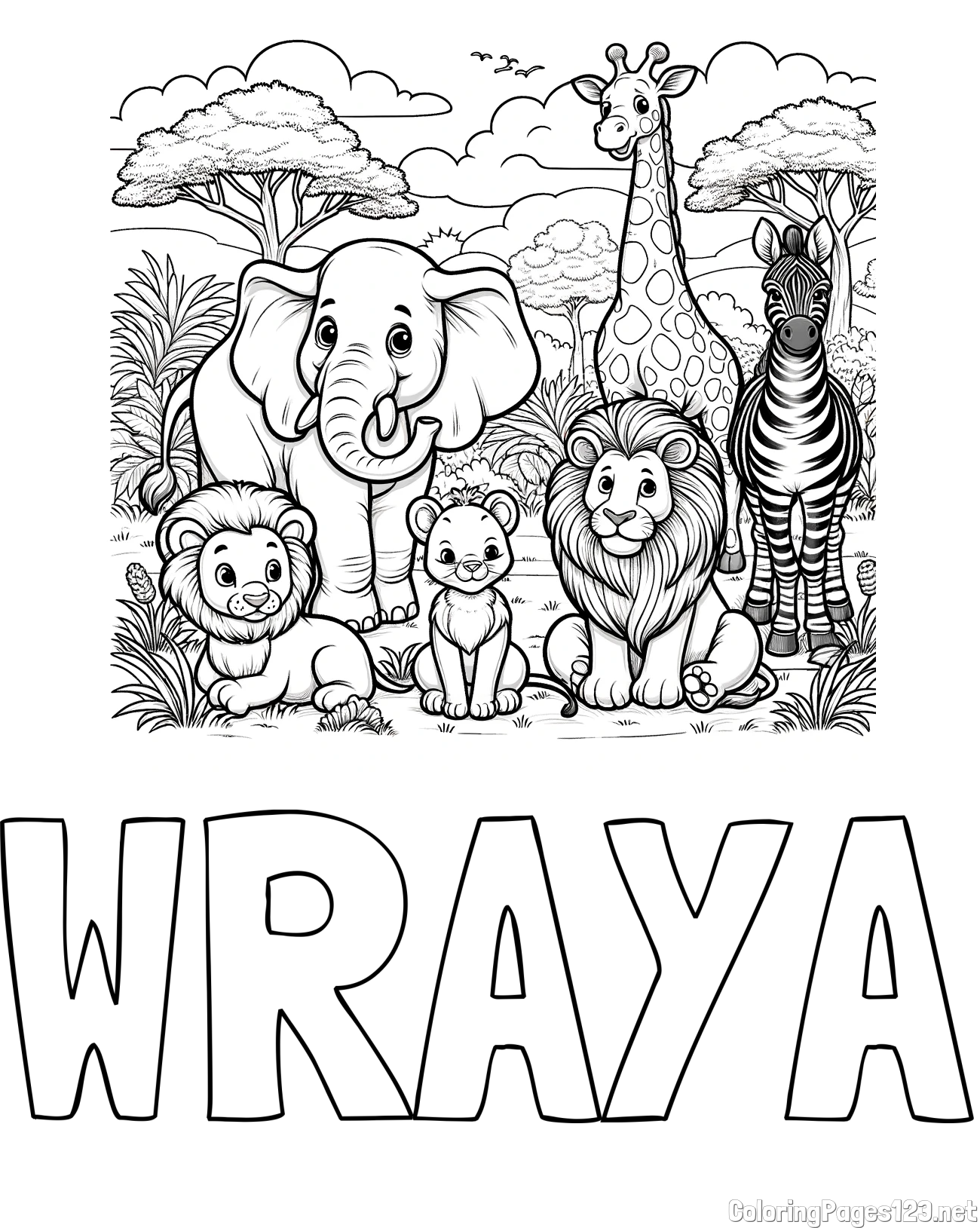 WRAYA Coloring Page and Beautiful Animal Coloring Page - Lion Family, Elephant, Giraffe, and Zebra