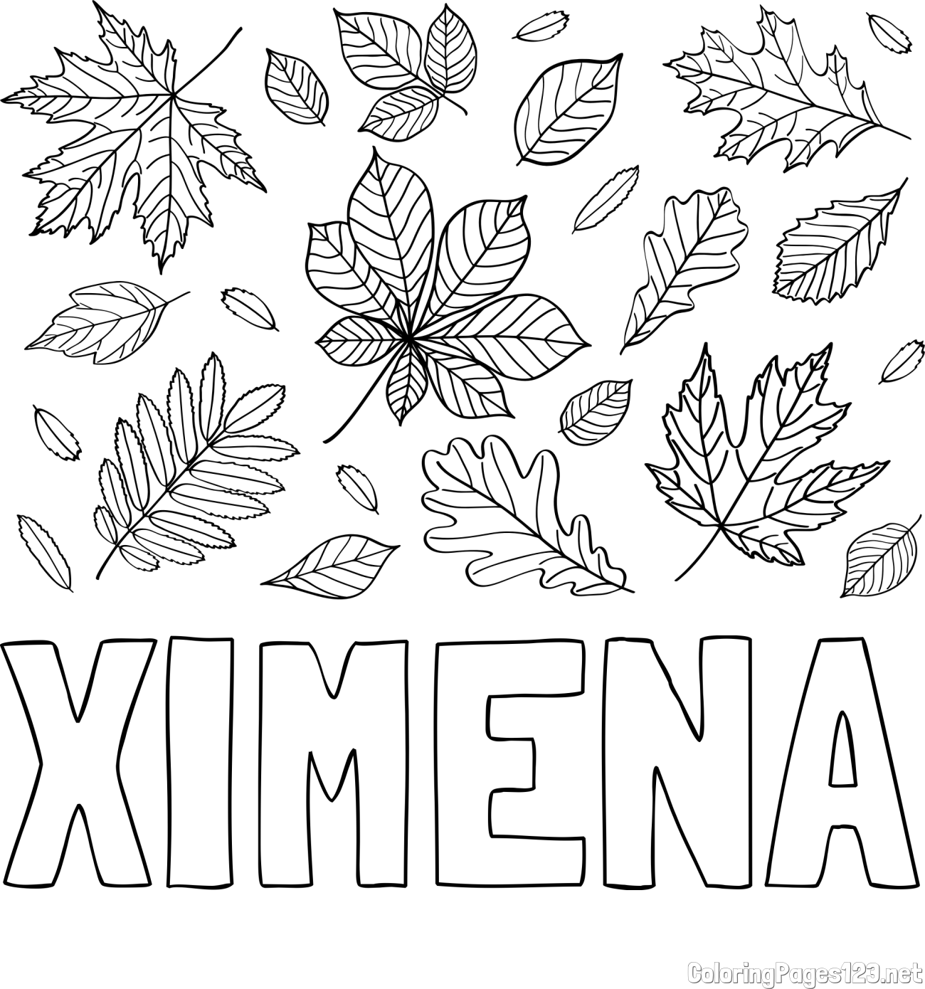 XIMENA Coloring Page and Autumn Leaves Coloring Page