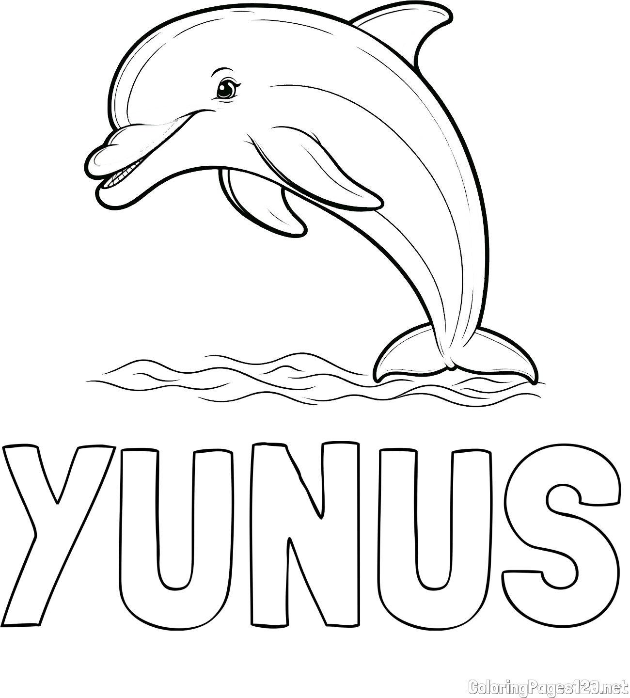 YUNUS Coloring Page and Children's Coloring Page of a Smiling Dolphin Jumping