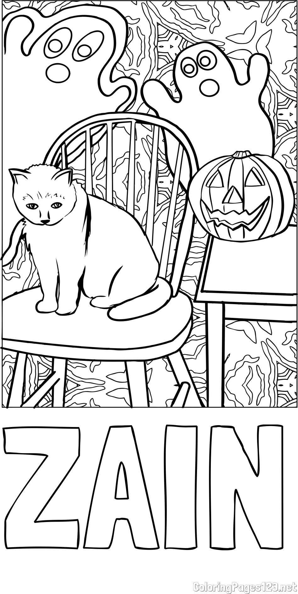ZAIN Coloring Page and Halloween Coloring Page of a Cat with Pumpkin and Spooky Ghosts