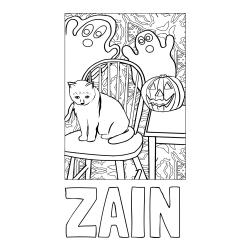 Online Created Coloring Page - ZAIN Coloring Page and Halloween Coloring Page of a Cat with Pumpkin and Spooky Ghosts