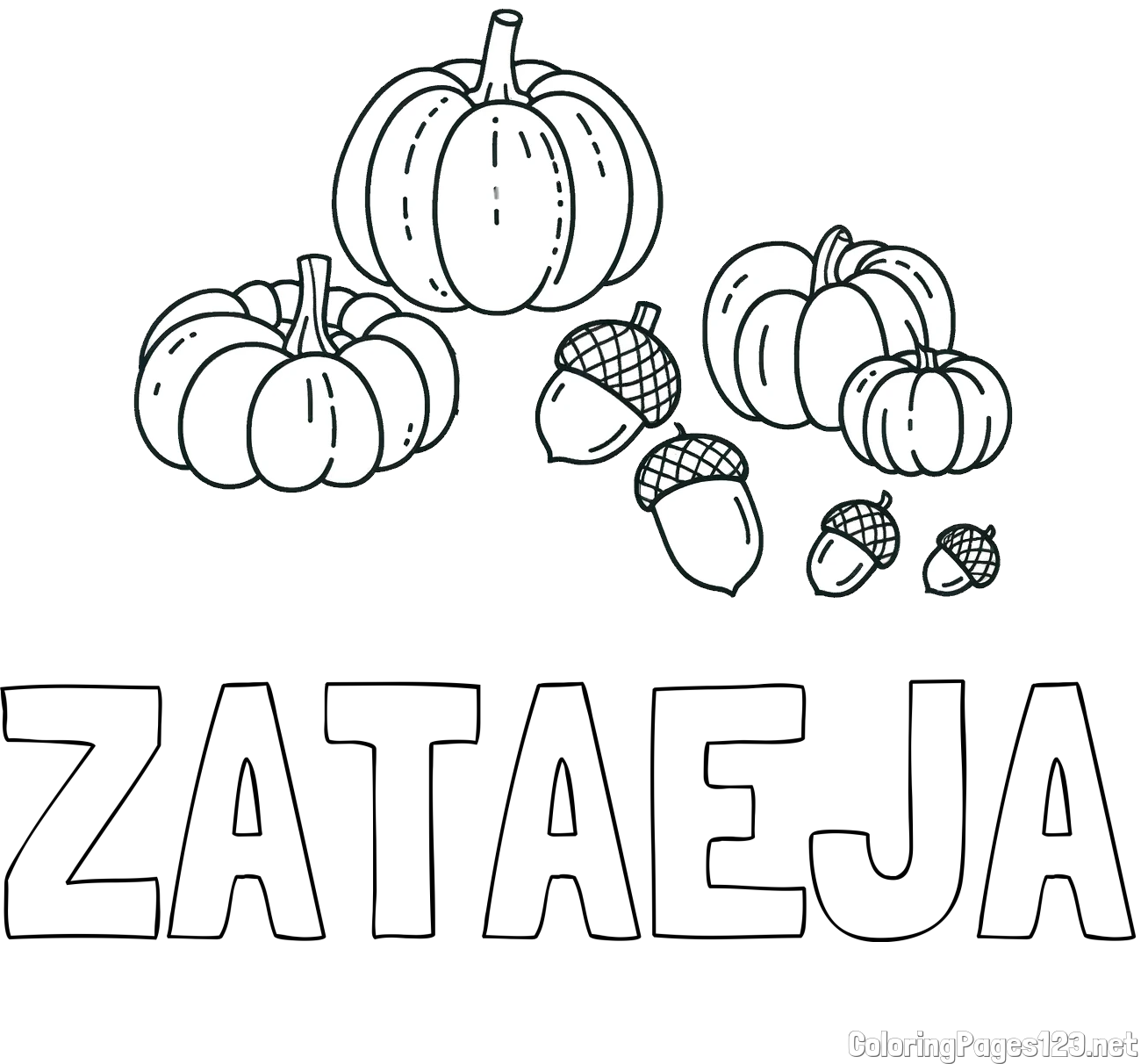 ZATAEJA Coloring Page and Autumn Harvest Coloring Page - Acorns and Pumpkins