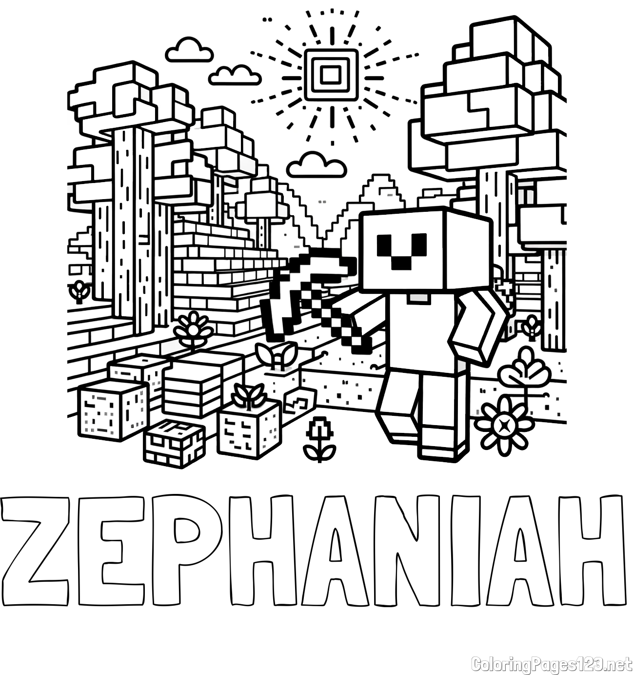 ZEPHANIAH Coloring Page and Minecraft World Coloring Page