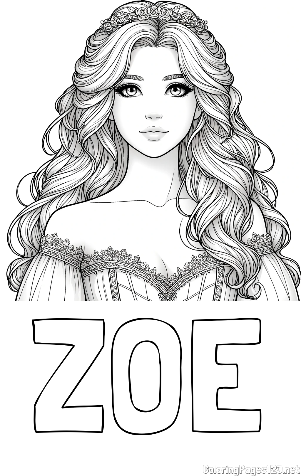 ZOE Coloring Page and Coloring Page of a Cute Realistic Princess