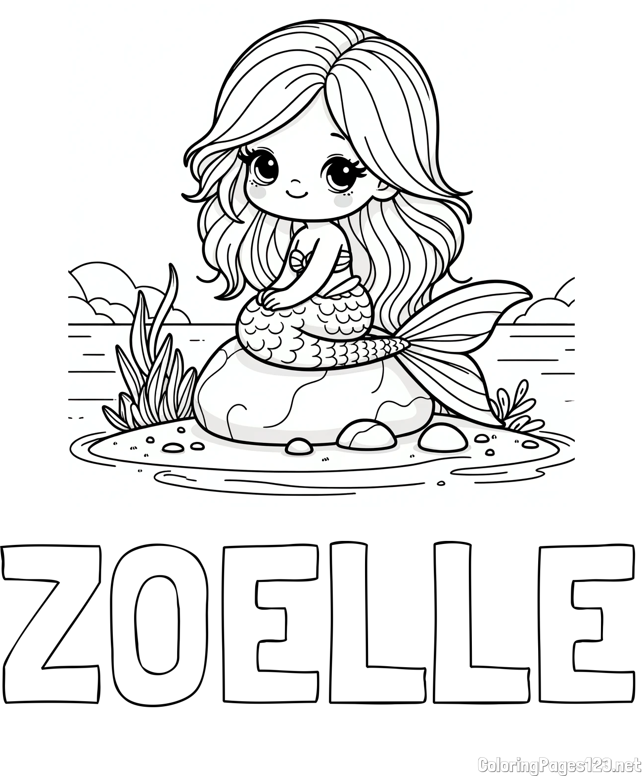 ZOELLE Coloring Page and Coloring Page of a Cute Mermaid Sitting on a Stone
