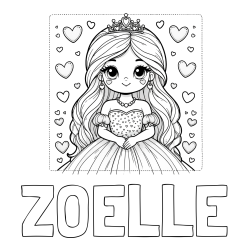 Online Created Coloring Page - ZOELLE Coloring Page and Coloring Page of a Princess Surrounded by Hearts