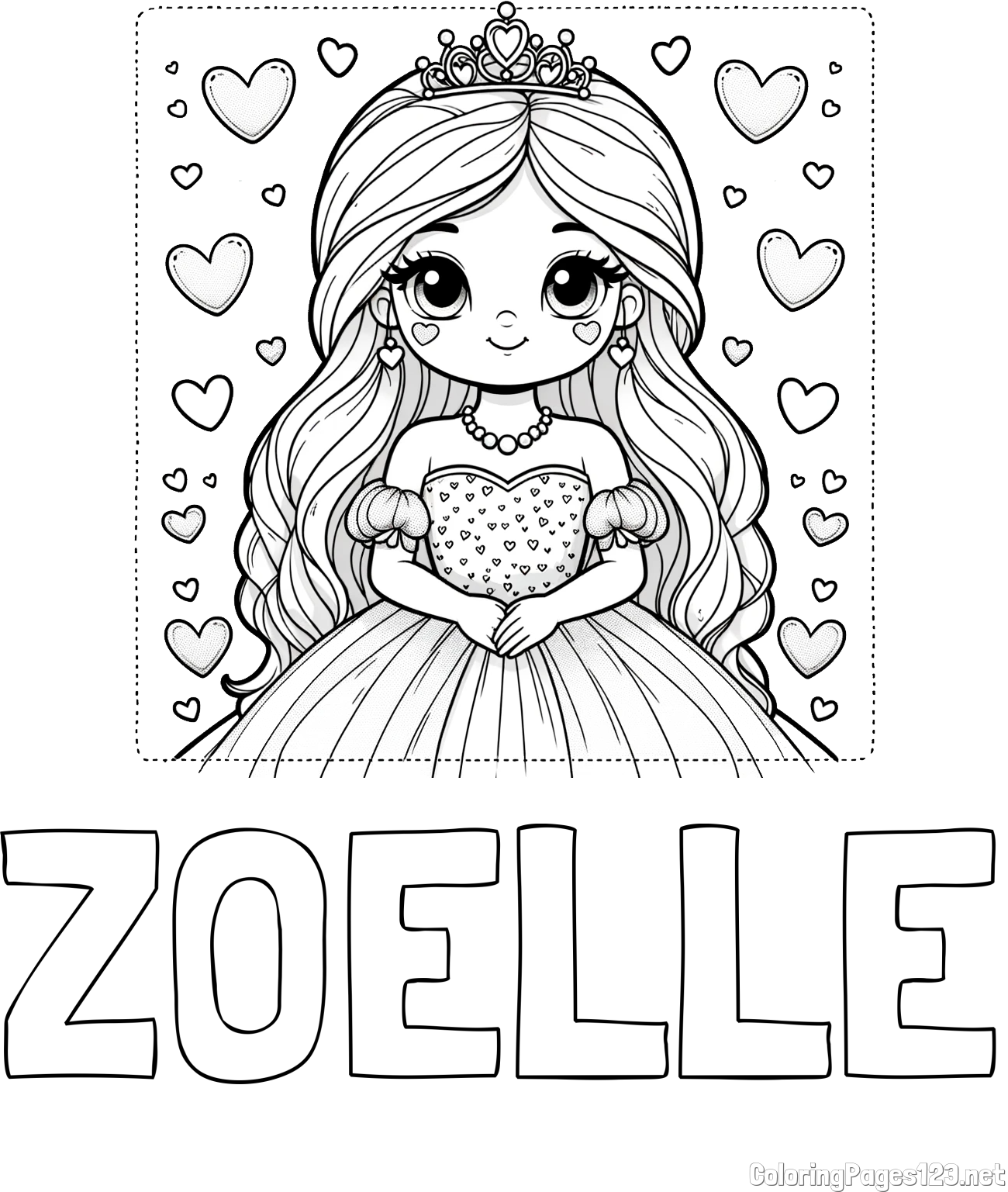 ZOELLE Coloring Page and Coloring Page of a Princess Surrounded by Hearts