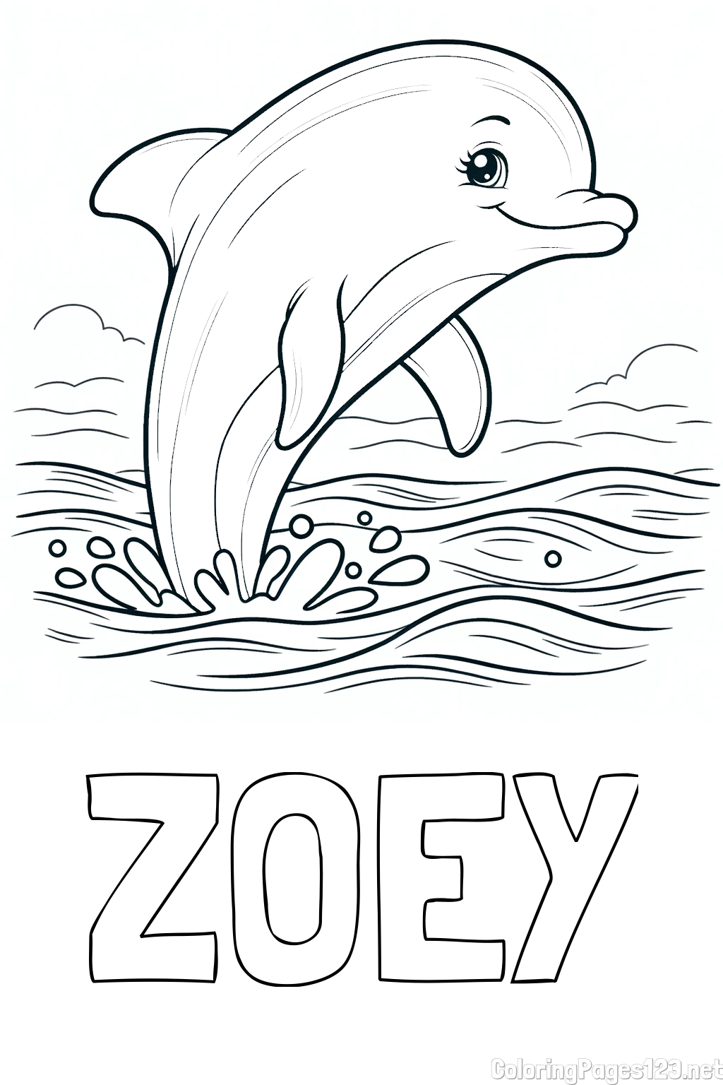 ZOEY Coloring Page alongside Coloring Page of a Smiling Dolphin Jumping